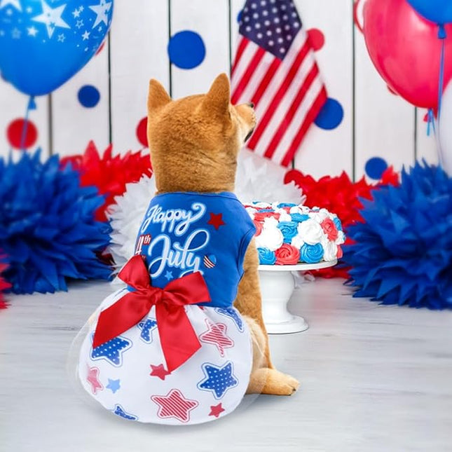 Happy 4th of July Dog Outfit Patriotic Dog Tulle Dress with Red Bowknot Independent Day Dogs Pet Doggie Apparel Clothes for Small Dogs Puppy Cats Girl