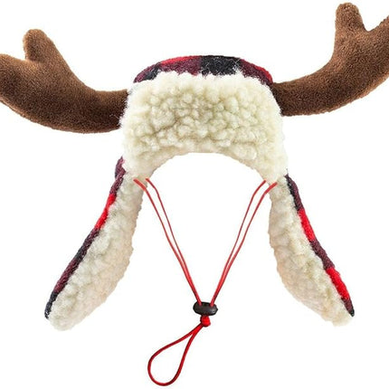 Huxley & Kent Pet Hat | Antler Buffalo Check (Extra-Large) | Festive Christmas Holiday Accessory for Dogs/Cats | Holiday Pet Hat | SnugFit Sliding Toggles for Best Fit