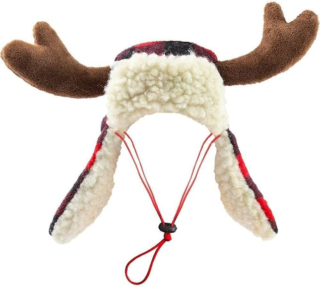 Huxley & Kent Pet Hat | Antler Buffalo Check (Extra-Large) | Festive Christmas Holiday Accessory for Dogs/Cats | Holiday Pet Hat | SnugFit Sliding Toggles for Best Fit