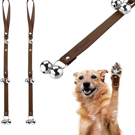 Leather Dog Doorbells for Door Knob/Potty Training/Go Outside, Length Adjustment Copper Dog Bell, Housetraining Hanging Bell, Dark Brown Leather Silver Bells - 2 Pack