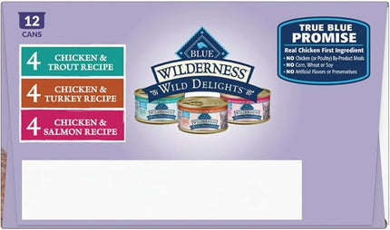 Blue Buffalo Wilderness Wild Delights High Protein Grain Free, Natural Adult Meaty Morsels Wet Cat Food, Chicken & Turkey, Chicken & Trout, Chicken & Salmon 3-oz cans (12 Count - 4 of Each Flavor)