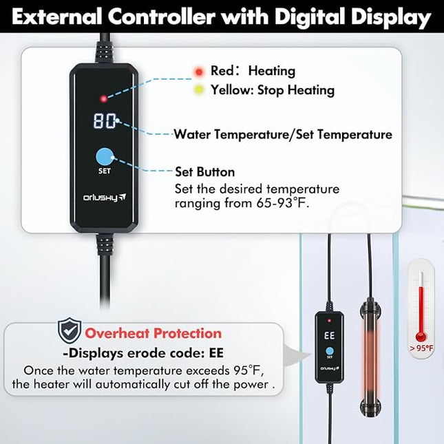 Orlushy 25W Submersible Mini Fish Tank Heater, Adjustable Aquarium Heater with Digital Display External Controller, Overheat Protection and Free Thermometer for 1-5 Gallon Freshwater & Saltwater Tank