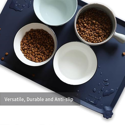 Hoki Found L Silicone Non Slip Pet Dog Cat Bowl Mats - Placemat - Waterproof Dog Cat Food Mats for Carpet - French Navy