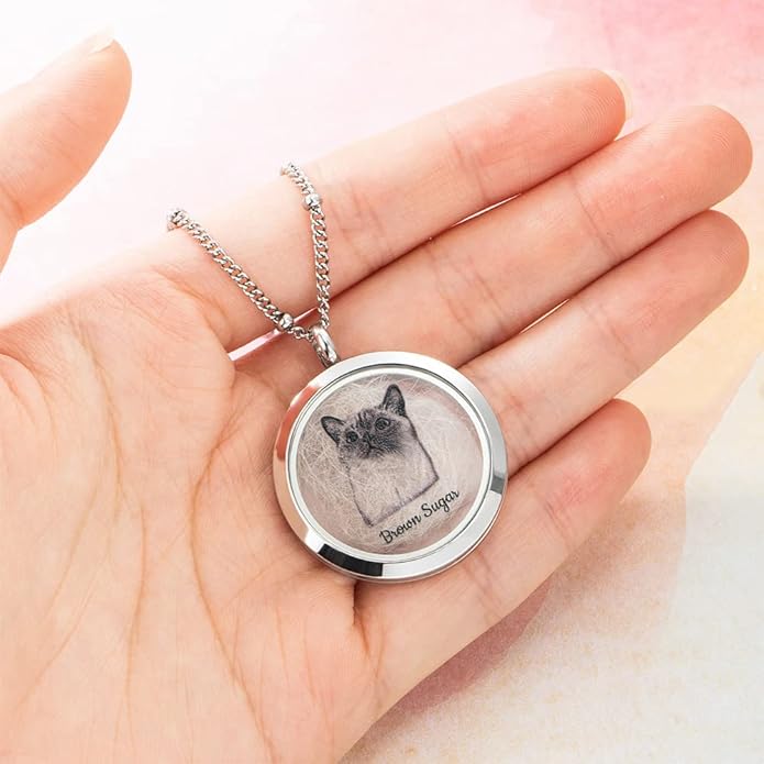 AILIN Custom Pet Fur Memorial Necklace Stainless Steel Personalized Photo Name Dog Cat Horse Memorial Necklace Pet Hair Remembrance Jewelry Gifts For Women Mom
