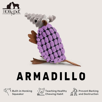 Hollypet Plush Dog Squeaky Toy Stuffed Armadillo Animal Pet Puppy Chew Toys with Clean Teeth for Small Medium Large All Breed Sizes Dogs, Purple, 6 in