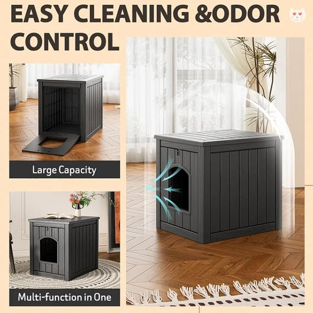 LHBcraft Outdoor Cat House Weatherproof Insulated for Winter Outside, Feral Cat Houses for Outdoor Indoor Cats Shelter, Durable Resin Shelter for Garden, Patio, Easy to Assemble Black