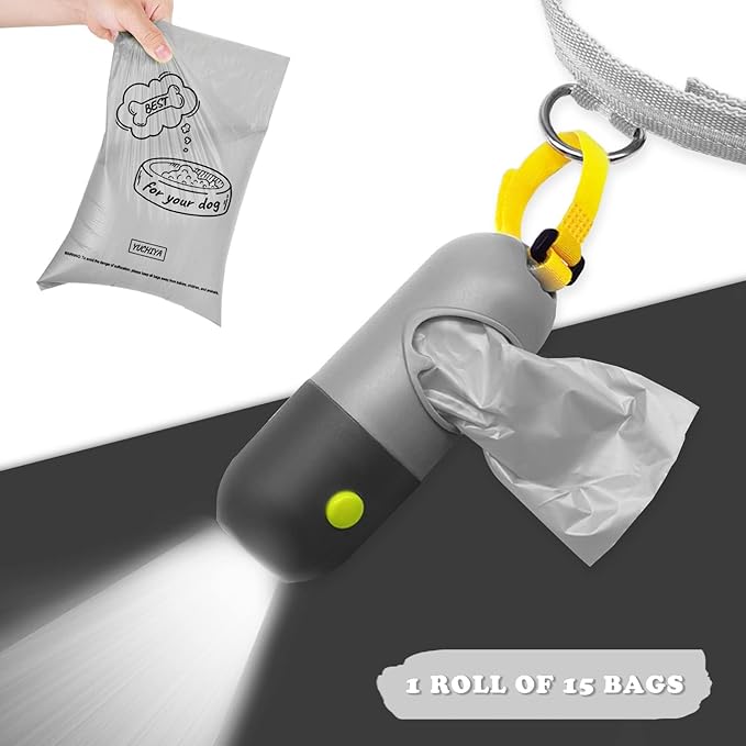 Dog Poop Bags Holder with LED Flashlight|Pet Waste Bags Dispenser for Leash|Doggie Potty Bags Container with Leak-proof Pet Trash Bags and Accessories (2 Holders 30 Bags, Grey and Black)