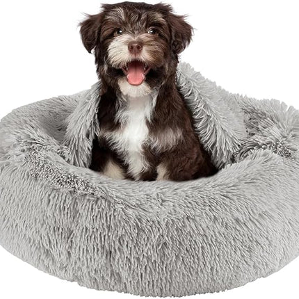 Friends Forever Luna Donut Cat Bed Cave, Soft Faux Fur Hooded Blanket Dog Couch For Indoor Pet, Fluffy Calming Plush Shag, Cozy Round Cushion, Machine Washable Cuddler, Self Warming, Grey