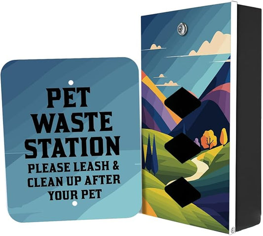 DISPENSE-ART™ collection "Countryside" - Custom UV printed design on rust-proof aluminum starter dog waste station/roll bag system - Includes 400 dog waste bags & 10x12 Sign