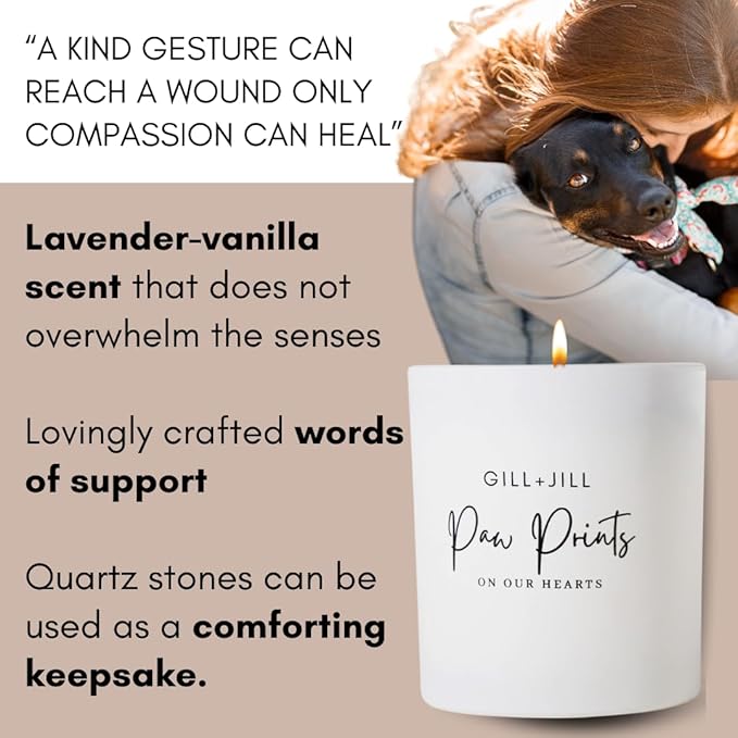 Premium Paw Prints Pet Memorial Candle – Dog Memorial Gifts for Loss of Dog, Pet Loss Sympathy Gift, Paraffin-Free Soy Wax with Tiger’s Eye, Clear Quartz & Coffee Beans – Thoughtful Remembrance Gift