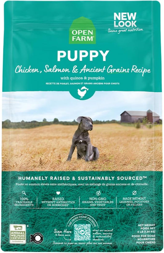 Open Farm, Ancient Grains Dry Dog Food for Puppies, Protein-Rich & Nutrient Dense, 90% Animal Protein Mixed with Non-GMO Fruits, Veggies and Superfoods, Chicken & Salmon Recipe for Puppy, 4lb Bag