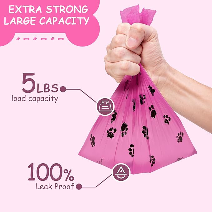 Dog Poop Bags Dispenser with Carabiner Clip, Doggy Poop Bag Holders for Leashes Include 1 Roll (15 Bags) Leak-Proof Large Lavender Scented Doggie Pet Waste Bags, Dog Accessories Girl, Pink