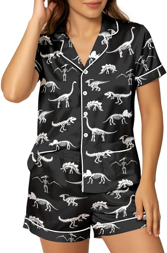 Women’s Silk Satin Pajama Set, Short Sleeve Button Down 2 Piece PJs with Shorts, Cozy Loungewear & Matching Holiday Pajamas