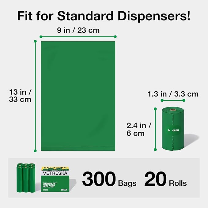 VETRESKA Dog Poop Bags, Leak Proof, Extra Thick and Large Pet Waste Bags for Dog Walking and Cat Litter, Citrus Bloom & Cedar Scented, 20 Refill Rolls, 300 Bags, Green