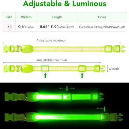 Light up Collar for Small Dog,Vizpet XS Adjustable Size Nylon Collar USB Rechargeable Bright Safety Pet Collar for Cats Small Dogs (Green, X-Small[ 8.66-11.9 inch/22cm-30cm])