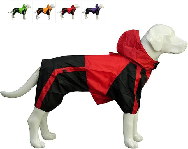 Lovelonglong Alaska Dog Hooded Raincoat, Golden Retriever Rain Jacket Poncho Waterproof Clothes with Hood Breathable 4 Feet Four Legs Rain Coats for Large Huge Dogs Red L-XL+