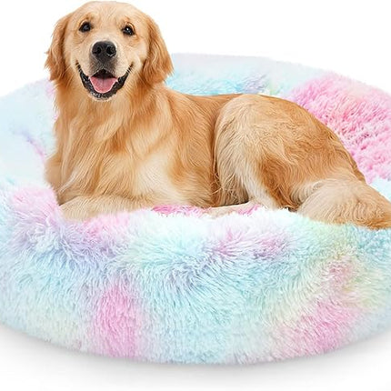 NOYAL Calming Donut Dog Bed for Small to Medium Dogs & Cats - Plush Faux Fur Anti-Anxiety Pet Bed with Machine Washable Cover & Non-Slip Base