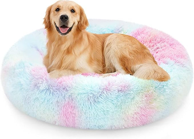 NOYAL Calming Donut Dog Bed for Small to Medium Dogs & Cats - Plush Faux Fur Anti-Anxiety Pet Bed with Machine Washable Cover & Non-Slip Base