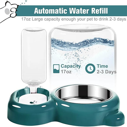 Dog Bowls, Cat Food and Water Bowl Set with Water Dispenser and Stainless Steel Bowl for Cats and Small Dogs - Dark Green