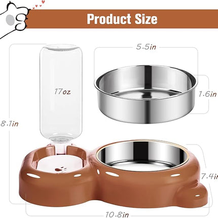 Dog Bowls, Cat Food and Water Bowl Set with Water Dispenser and Stainless Steel Bowl for Cats and Small Dogs - Brown