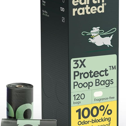 Earth Rated Odor-Blocking Poop Bags for Dogs with 3X Protect, Guaranteed to Block Smells & Leak-Proof Performance, Conceals Smell & Mess, Unscented, 120 Count