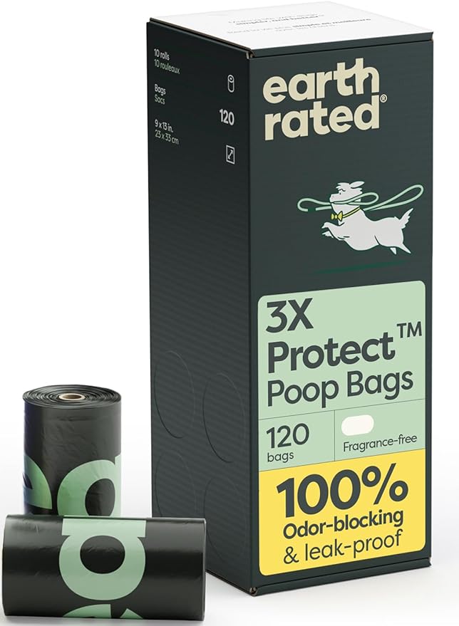 Earth Rated Odor-Blocking Poop Bags for Dogs with 3X Protect, Guaranteed to Block Smells & Leak-Proof Performance, Conceals Smell & Mess, Unscented, 120 Count