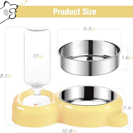 Dog Bowls, Cat Food and Water Bowl Set with Water Dispenser and Stainless Steel Bowl for Cats and Small Dogs - Yellow