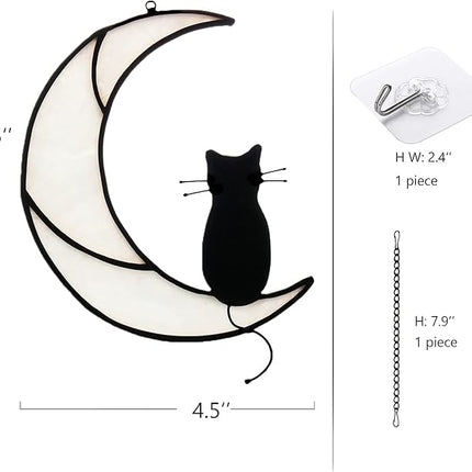 Black Cat On White Moon Stained Glass Window Hangings Ornament,Cat Memorial Gifts, Themed Gifts for Cats Lovers