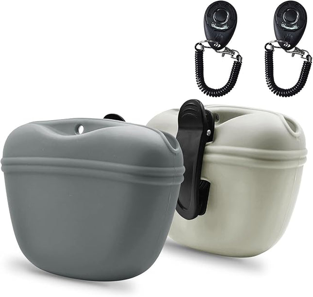 AUDWUD Silicone Dog Treat Pouch,with Dog Training Clicker,Clip on Portable Training Container,Convenient Magnetic Buckle Closing and Upgraded Waist Clip for Enhanced Stability