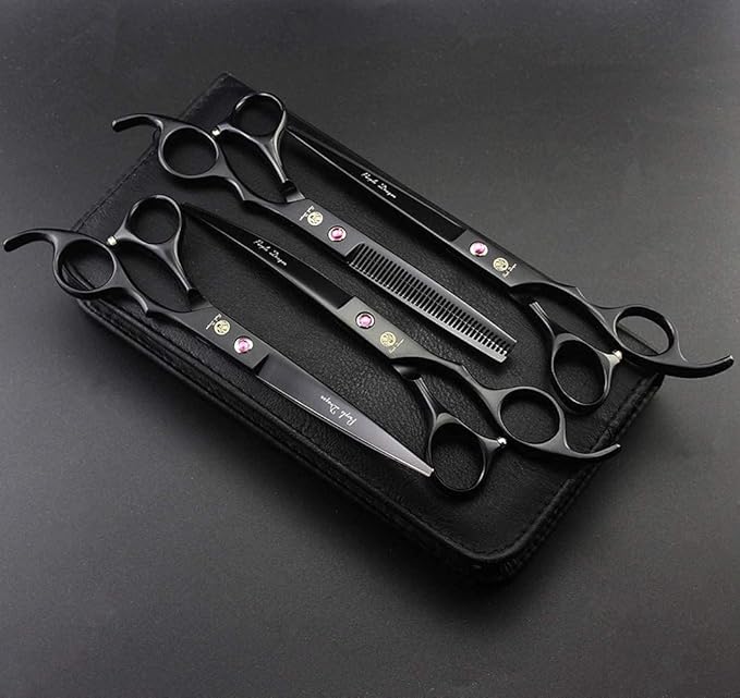 Purple Dragon Professional 7.0 inch 4PCS Pet Grooming Scissors Kit Japan Premium Steel Straight, Curved & Thinning Blade Dog Hair Cutting Shears Set with Case