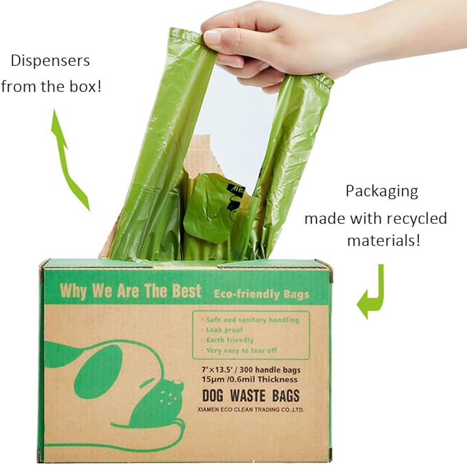ECO-CLEAN Dog Poop Bags, 300-Count Dog Waste Bags with Easy-Tie Handles, Guaranteed Leak-Proof, Earth-Friendly, Unscented Oxo-biodegradable Pet Poop Bags (Not on Rolls)