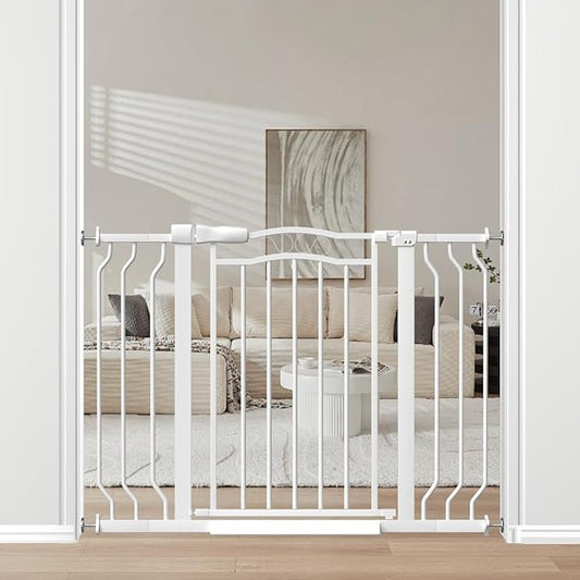 29.9-43.7 in Wide Baby Gate for Stairs Doorways, Auto Close Child Safety Gates Indoor for Dogs Pets, Pressure Mounted Metal Barrier Kids Toddler Door Walk Through, 30" Tall, White