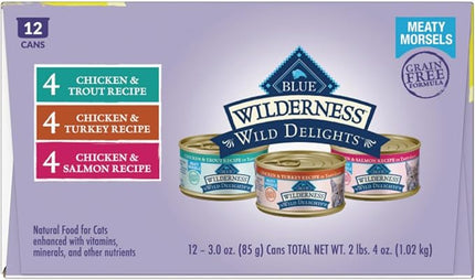 Blue Buffalo Wilderness Wild Delights High Protein Grain Free, Natural Adult Meaty Morsels Wet Cat Food, Chicken & Turkey, Chicken & Trout, Chicken & Salmon 3-oz cans (12 Count - 4 of Each Flavor)
