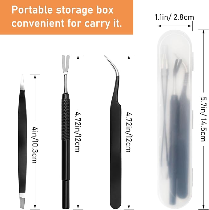 3 in 1 Tick Remover Kit, Black Tick Remover Tweezers Stainless Steel Tick Remover Tools Set for Pet Dog, Cat, Human with Storage Box (Black)