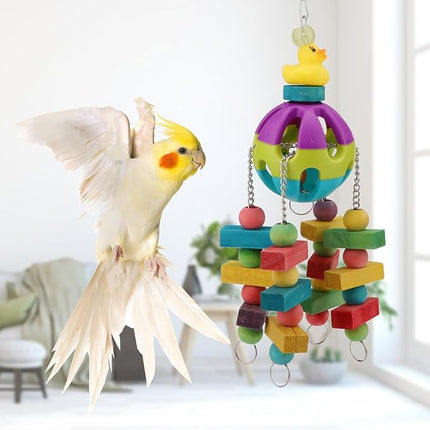 Hypeety Pet Parrot Toy Plastic Colorful Birds Ball with 1 Bell for Budgie African Grey Cockatoo Cockatiel Sun Conures 1 Ball with Wooden Blocks