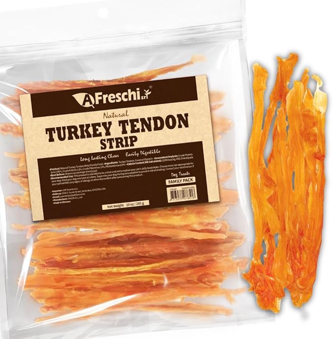 AFreschi Turkey Tendons for Dogs, USA-Sourced, Healthy Dog Treats, Rawhide-Free Puppy Chews, Long Lasting, All Natural, Hypoallergenic Dog Treats for Small Breeds, 10 oz Pack Strips