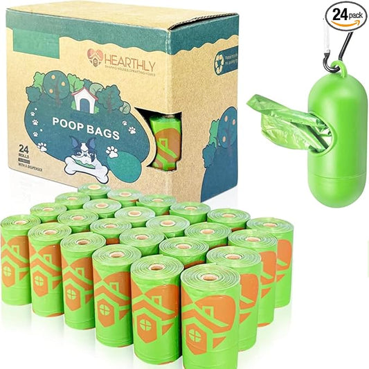 Dog Poop Bags Rolls 360 Count Pack of 24 | Leak Proof and Extra Thick Dog Poop Bag Refill with Dispenser and Leash Clip| Cat litter Bags | Lavender Scented | Green (13 x 9 Inches)