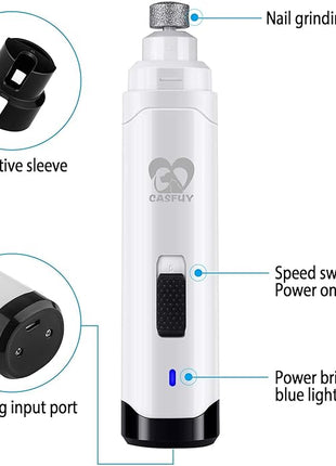 Casfuy Dog Nail Grinder Upgraded - Professional 2-Speed Electric Rechargeable Pet Nail Trimmer Painless Paws Grooming & Smoothing for Small Medium Large Dogs & Cats (White)