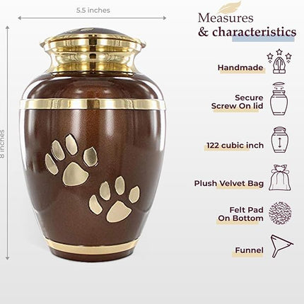Trupoint Memorials Large Pet Urn for Dogs and Cats Ashes, Paws Print Brown Cremation Urns for Pets up to 122 lbs