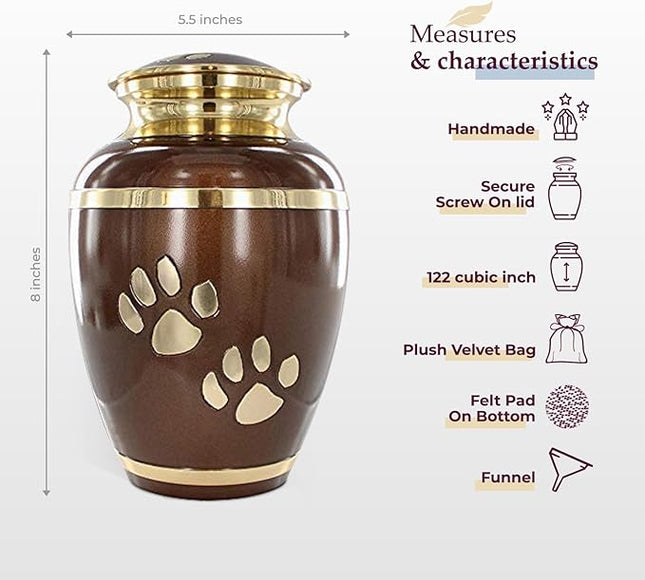 Trupoint Memorials Large Pet Urn for Dogs and Cats Ashes, Paws Print Brown Cremation Urns for Pets up to 122 lbs