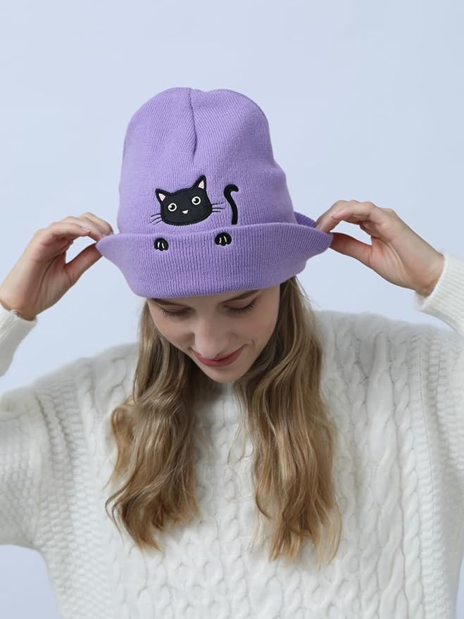 Women’s Cat Beanie Cute Cat Lover Gifts Animal Knitted Hats Christmas Stocking Stuffers for Women Girls