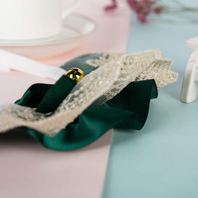 2PCS Dog Cat Collar with Bell Bow Lace Pet Bib Cute Scarfs Necklace Neck Strap for Pet Costume Supplies Dark Green