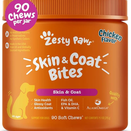 Zesty Paws Omega 3 Alaskan Fish Oil Chew Treats for Dogs - with AlaskOmega for EPA & DHA Fatty Acids - Hip & Joint Support + Skin & Coat Chicken Flavor (90 Soft Chews)