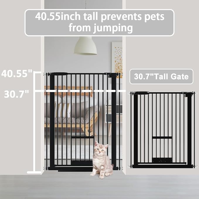 40.55" Tall 1.37" Ultra Narrow Spacing Dogs Pets Baby Gate with Door for Doorway Cat Safety Proof Indoor 57.68-73.43" Extra Wide Puppy Pressure Mounted Black Metal Hallway