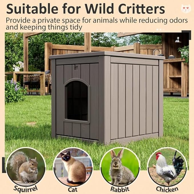 LHBcraft Outdoor Cat House Weatherproof Insulated for Winter Outside, Feral Cat Houses for Outdoor Indoor Cats Shelter, Durable Resin Shelter for Garden, Patio, Easy to Assemble Grey