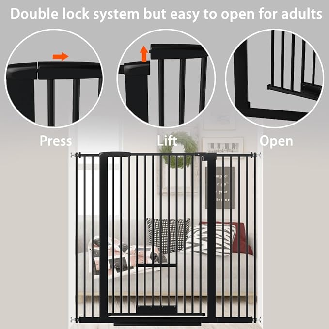 40.55" Tall 1.37" Ultra Narrow Spacing Dogs Pets Baby Gate with Door for Doorway Cat Safety Proof Indoor 57.68-73.43" Extra Wide Puppy Pressure Mounted Black Metal Hallway