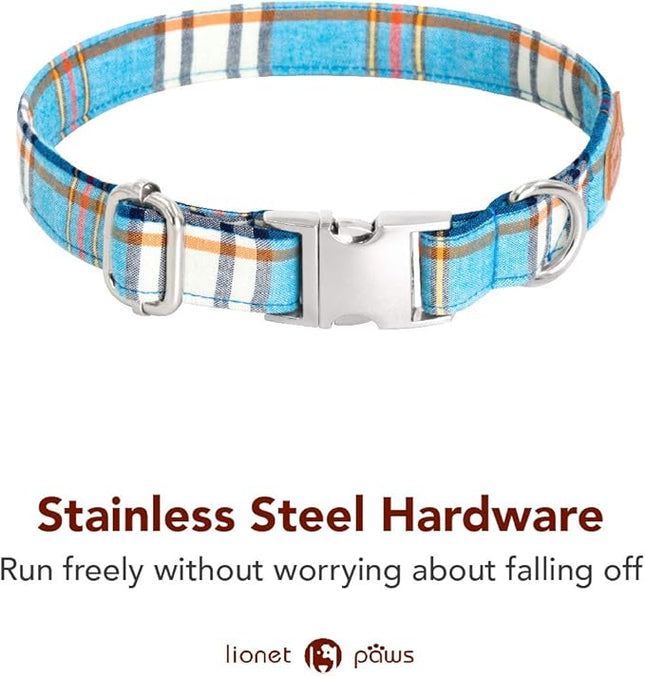 Lionet Paws Boy Dog Collar with Bowtie, Comfortable Adjustable Cute Blue Plaid Bow Tie Collar for Male Puppies and Cats Gift, XXS, Neck 7-11 inches