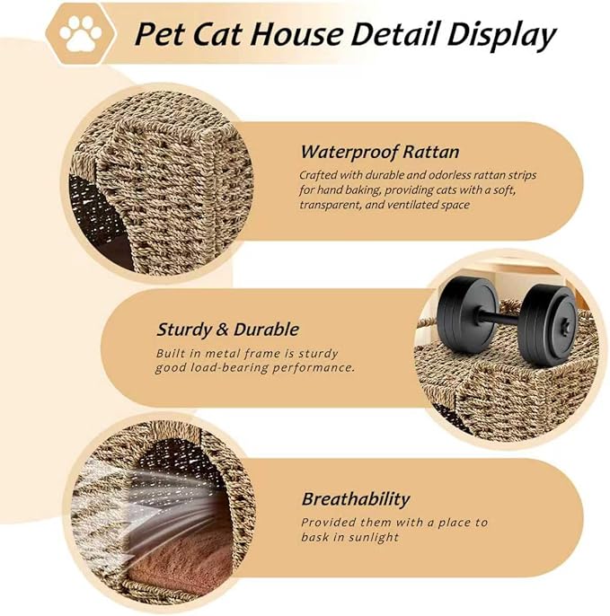 Cat Houses for Indoor Cats, Handwoven Natural Seagrass Cat Cave Pet Cube,Foldable Pet Cat House, Cat Beds with Double-Sided Mat, Hideaway, in Living Room Bedroom