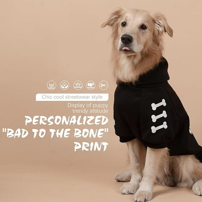 BINGPET Warm Dog Sweater with Hood and Leash Hole, Soft Fleece Coat for Cold Weather, Bad to The Bone Design, Sizes XS-XXL