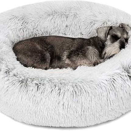 Friends Forever Donut Dog Bed Faux Fur Fluffy Calming Sofa For Medium Dogs, Soft & Plush Anti Anxiety Pet Couch For Dogs, Machine Washable Coco Pet Bed with Non-Slip Bottom, 30"x30"x7" Ivory